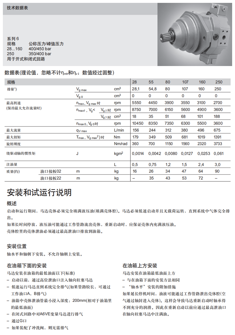 力士樂A6VE馬達技術參數(shù)